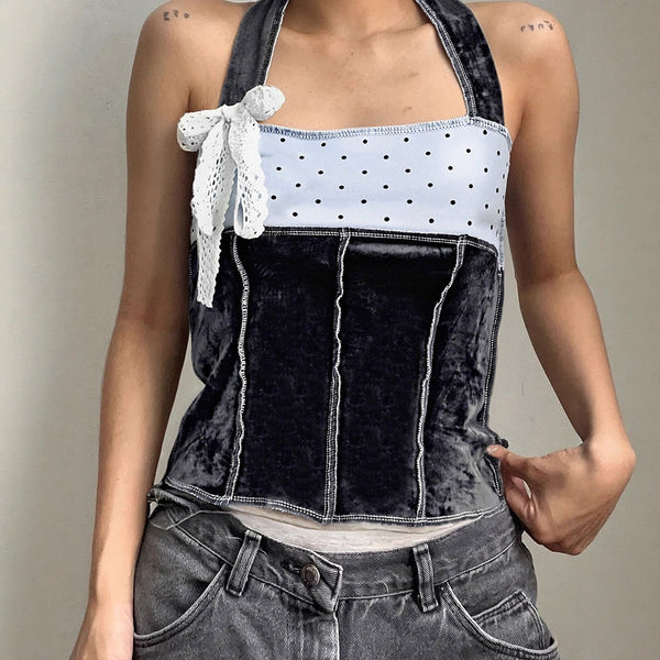 Cropped Polka Dot Halter Top with Velvet Splicing