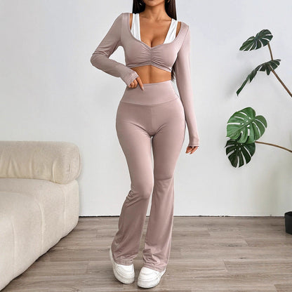High-Waist Flared Pants Set with Ruched Long Sleeve Crop Top