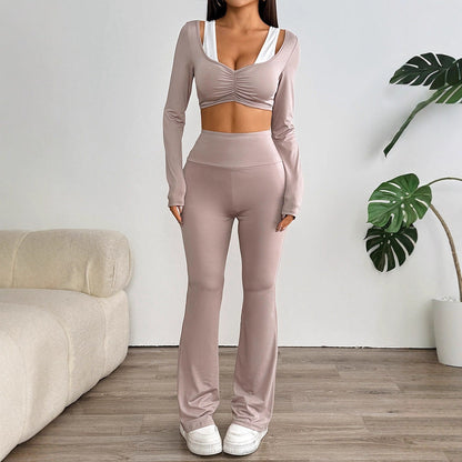High-Waist Flared Pants Set with Ruched Long Sleeve Crop Top