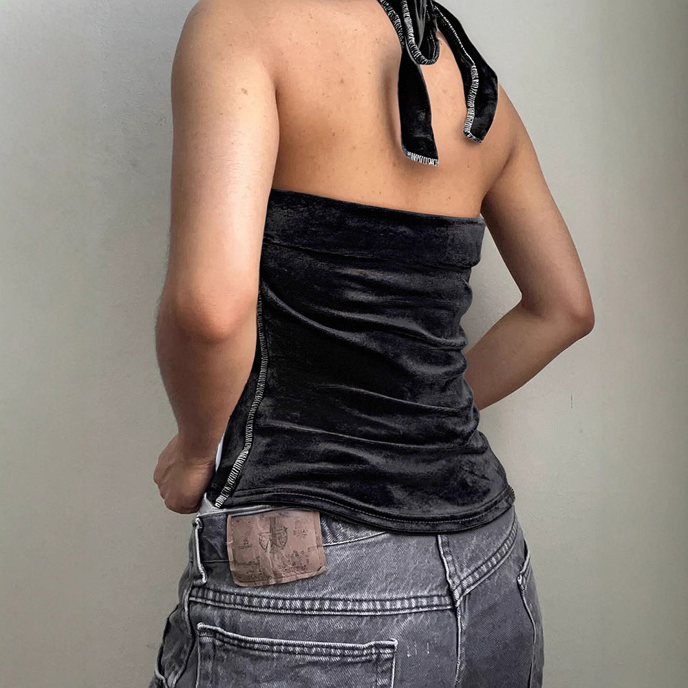 Cropped Polka Dot Halter Top with Velvet Splicing