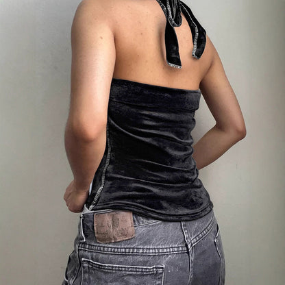 Cropped Polka Dot Halter Top with Velvet Splicing