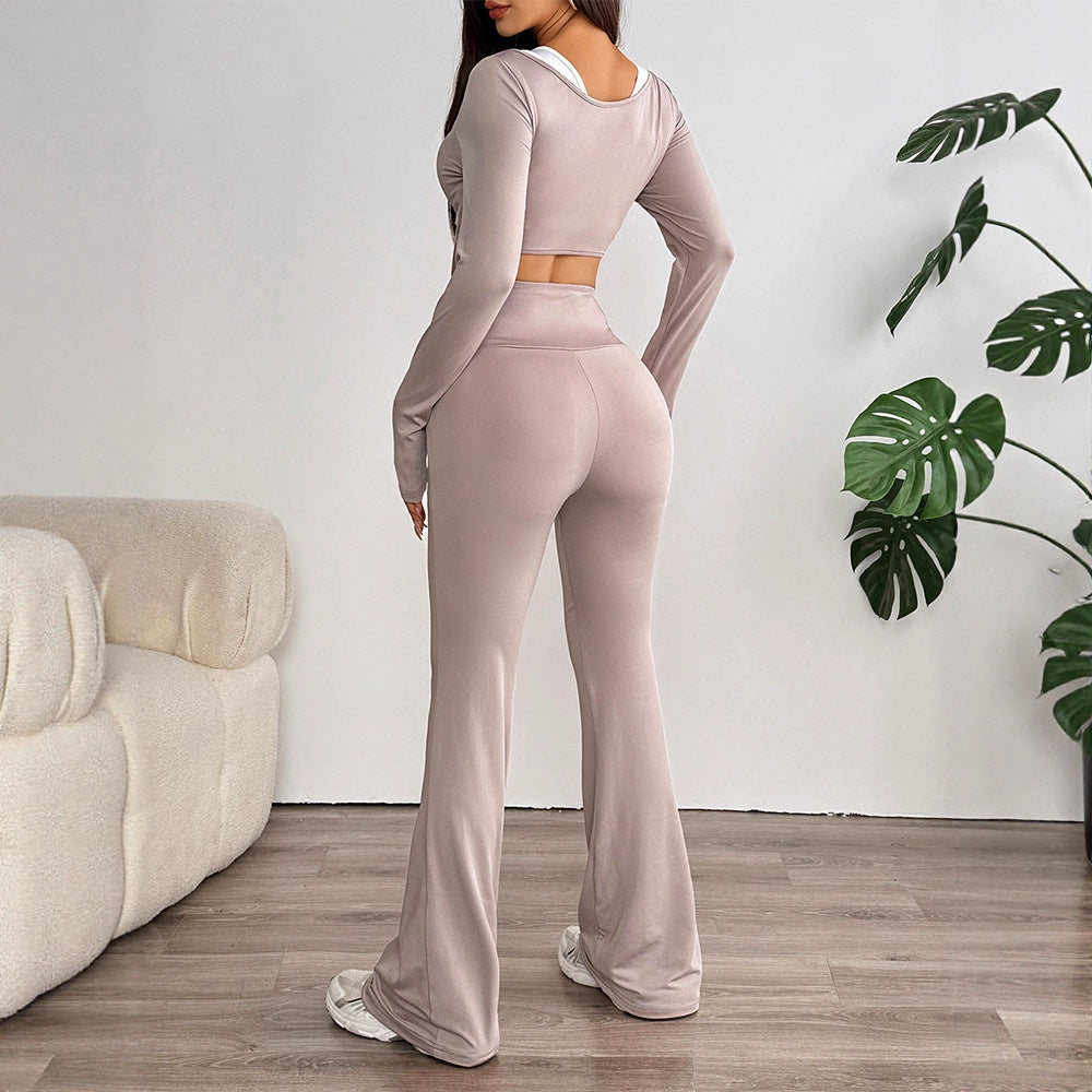 High-Waist Flared Pants Set with Ruched Long Sleeve Crop Top