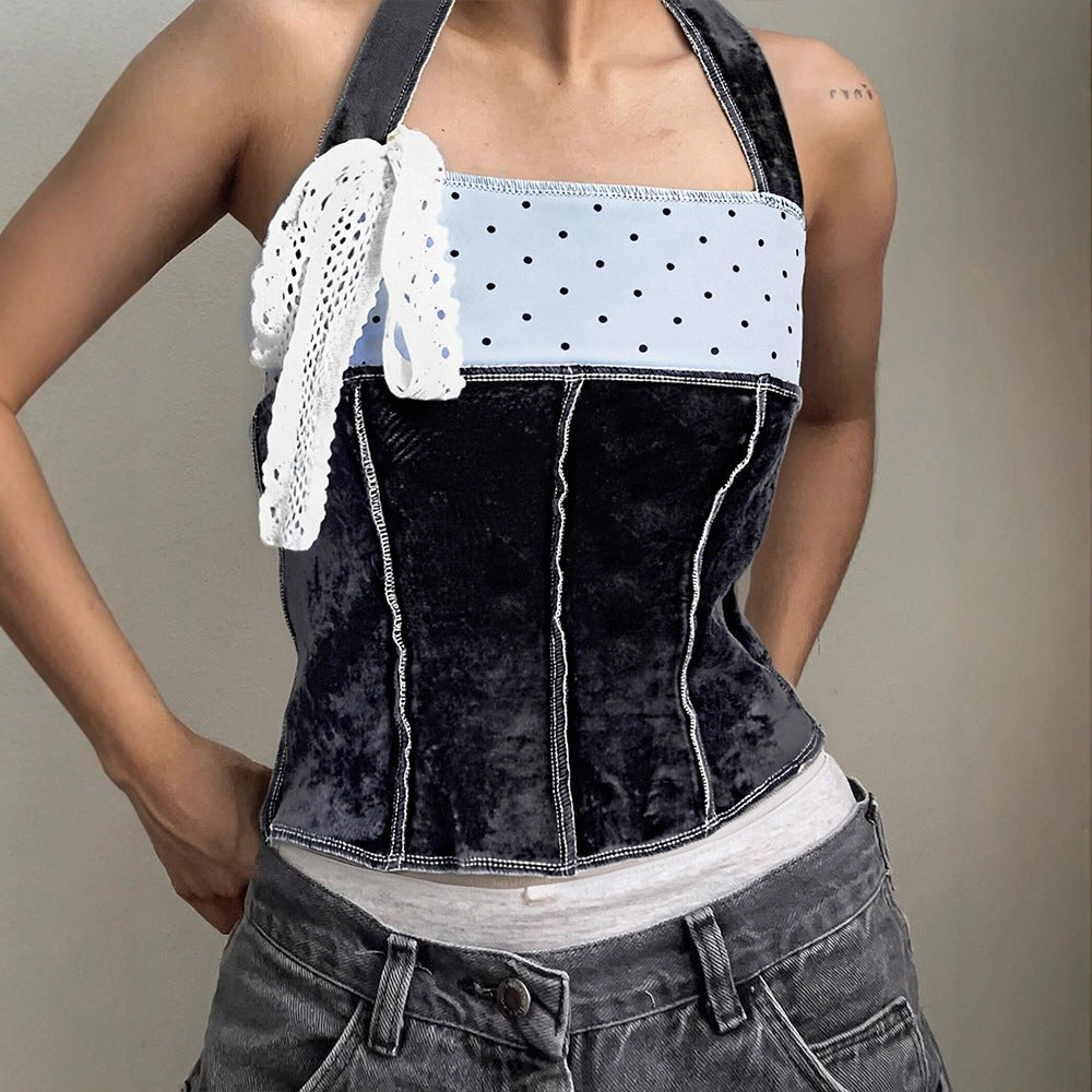 Cropped Polka Dot Halter Top with Velvet Splicing