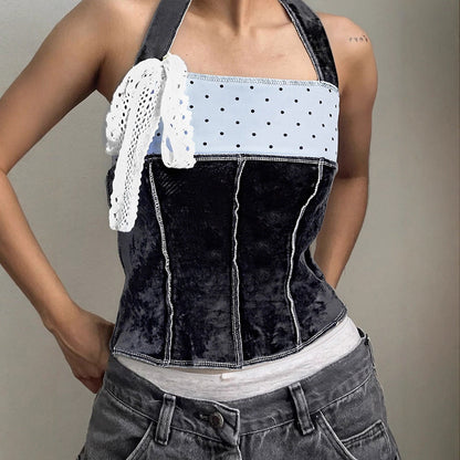 Cropped Polka Dot Halter Top with Velvet Splicing