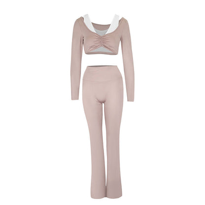 High-Waist Flared Pants Set with Ruched Long Sleeve Crop Top