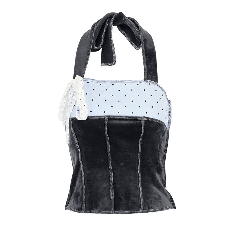 Cropped Polka Dot Halter Top with Velvet Splicing