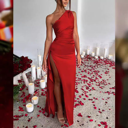 Satin Maxi Dress with One-Shoulder and High Slit