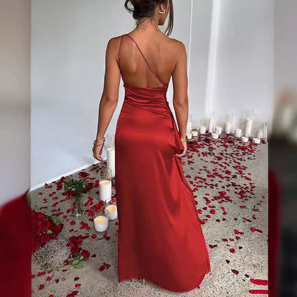 Satin Maxi Dress with One-Shoulder and High Slit