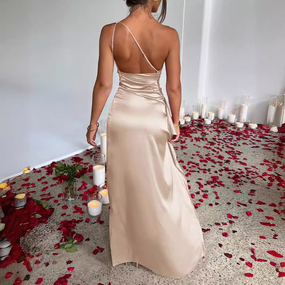 Satin Maxi Dress with One-Shoulder and High Slit