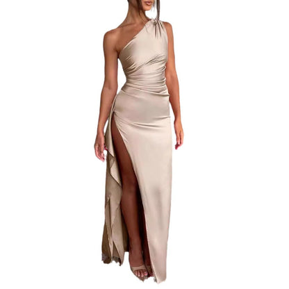 Satin Maxi Dress with One-Shoulder and High Slit