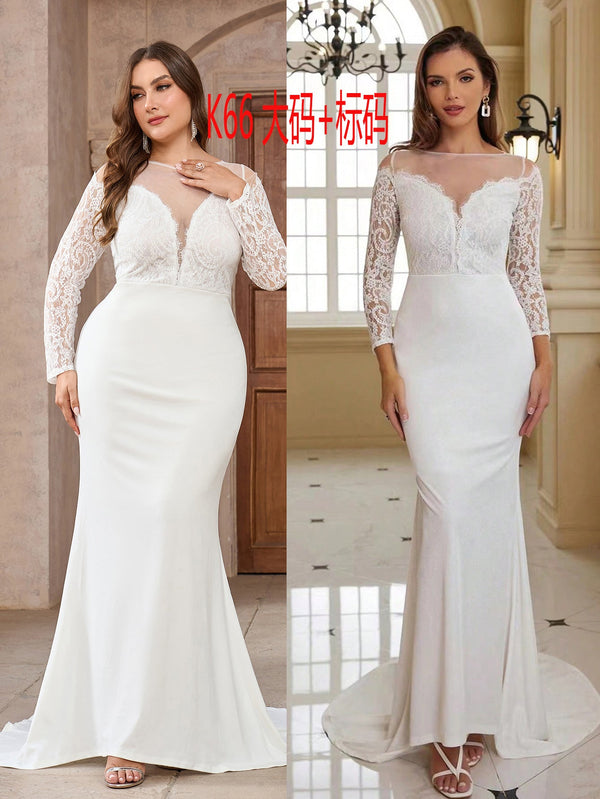 Sheath Wedding Gown with Lace V-Neck Bodice and Long Sleeves