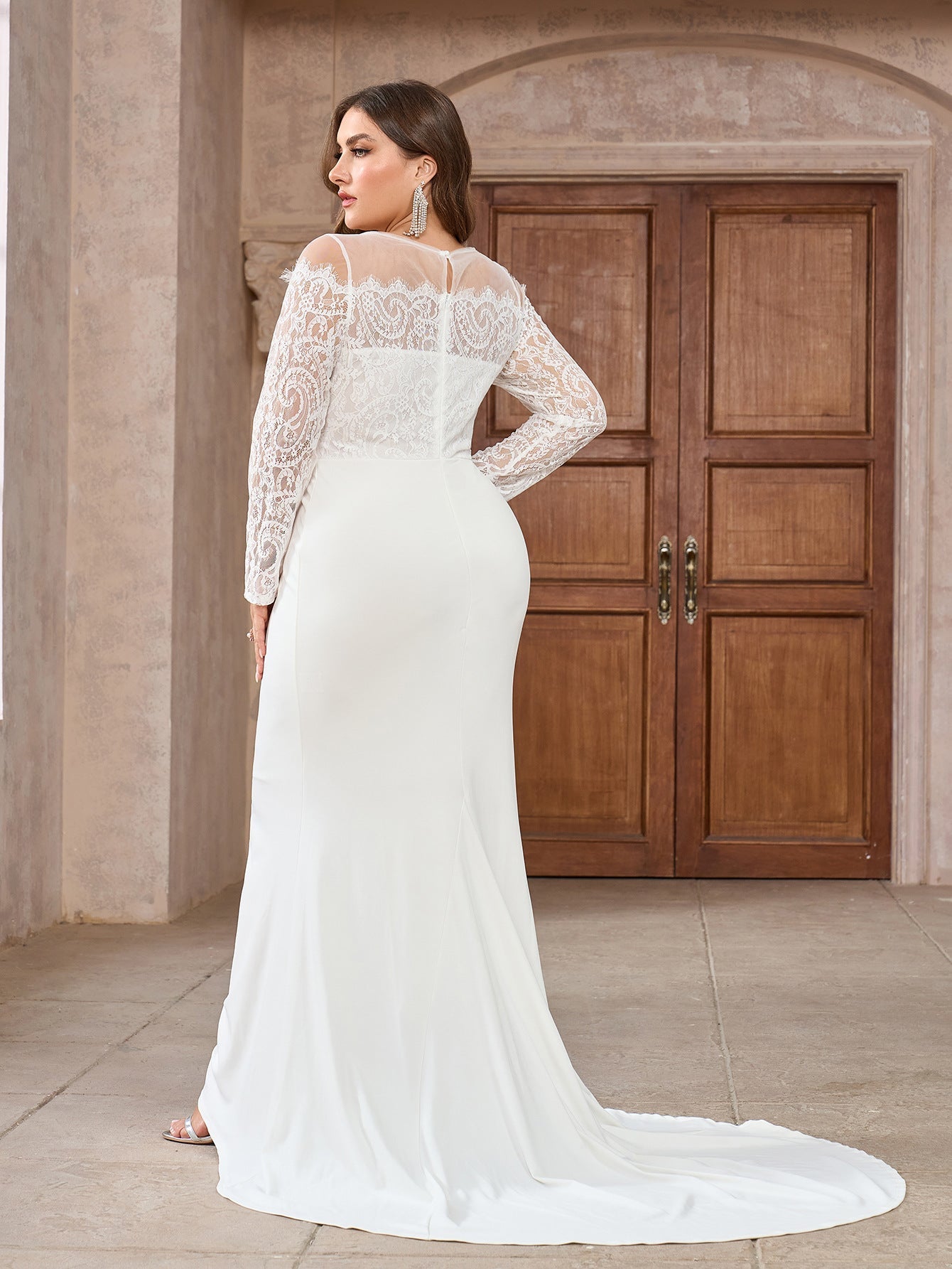 Sheath Wedding Gown with Lace V-Neck Bodice and Long Sleeves