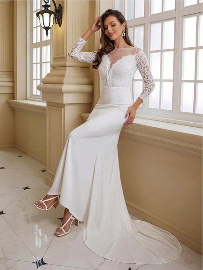 Sheath Wedding Gown with Lace V-Neck Bodice and Long Sleeves