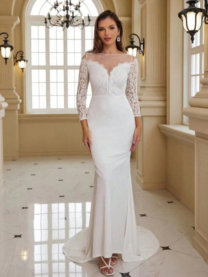 Sheath Wedding Gown with Lace V-Neck Bodice and Long Sleeves