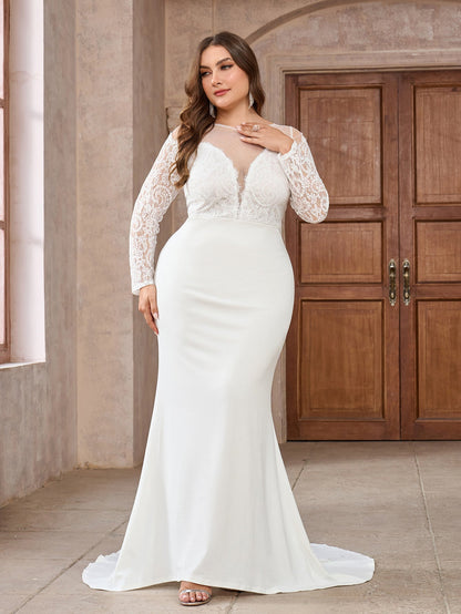 Sheath Wedding Gown with Lace V-Neck Bodice and Long Sleeves