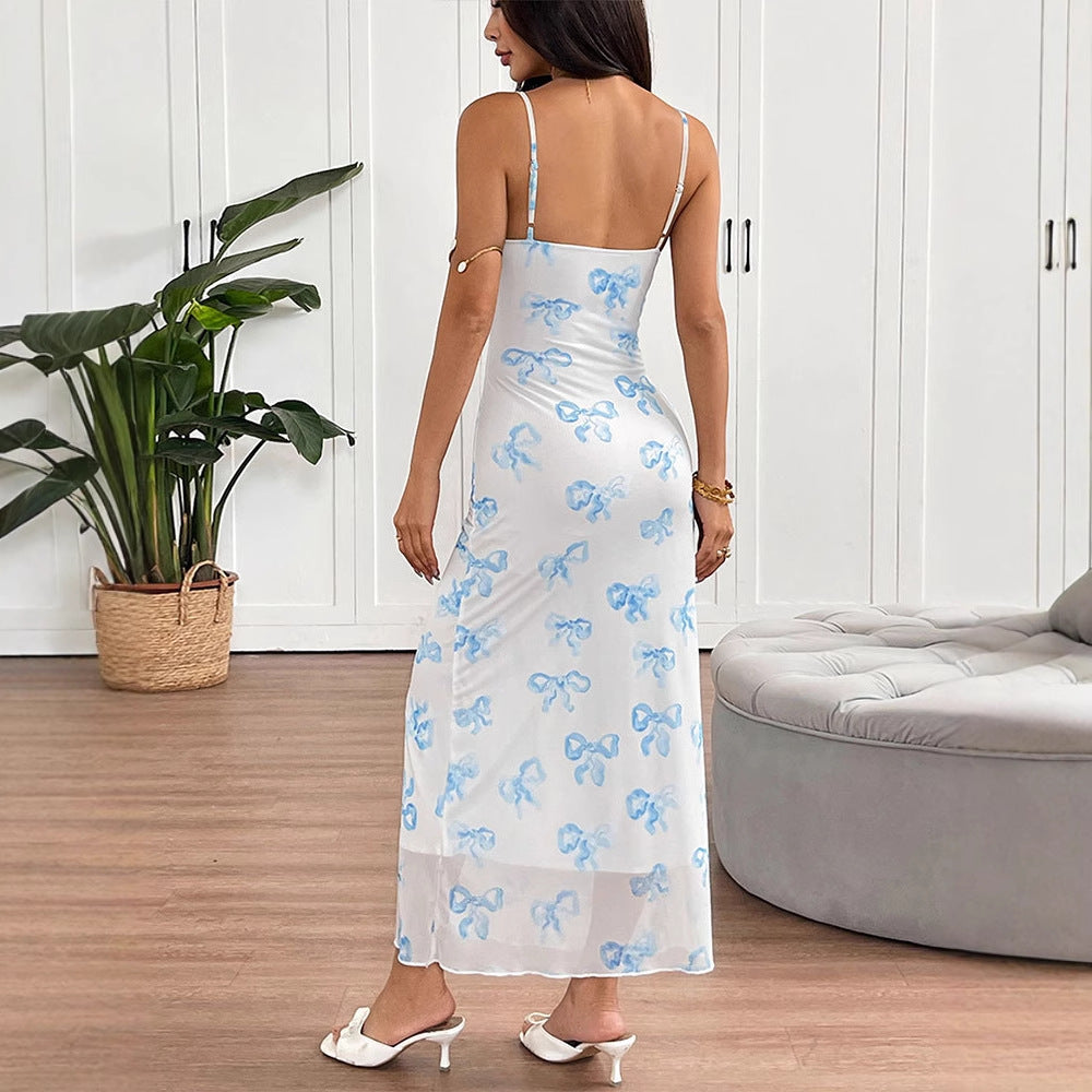Blue Bow Print Mesh Maxi Slip Dress with Draped Neckline