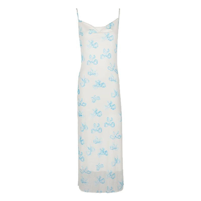 Blue Bow Print Mesh Maxi Slip Dress with Draped Neckline