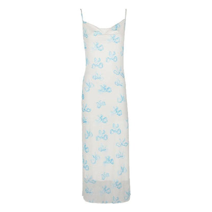 Blue Bow Print Mesh Maxi Slip Dress with Draped Neckline