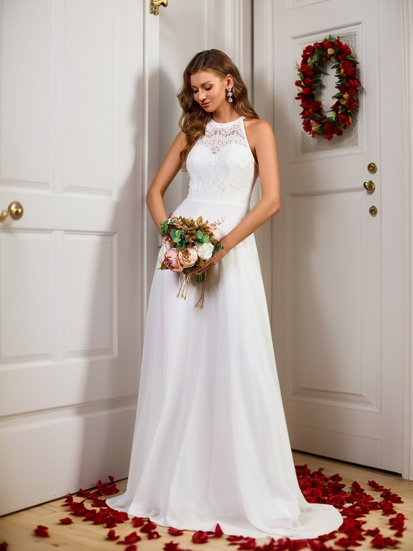 A-Line Dress with Halterneck and Lace Bodice