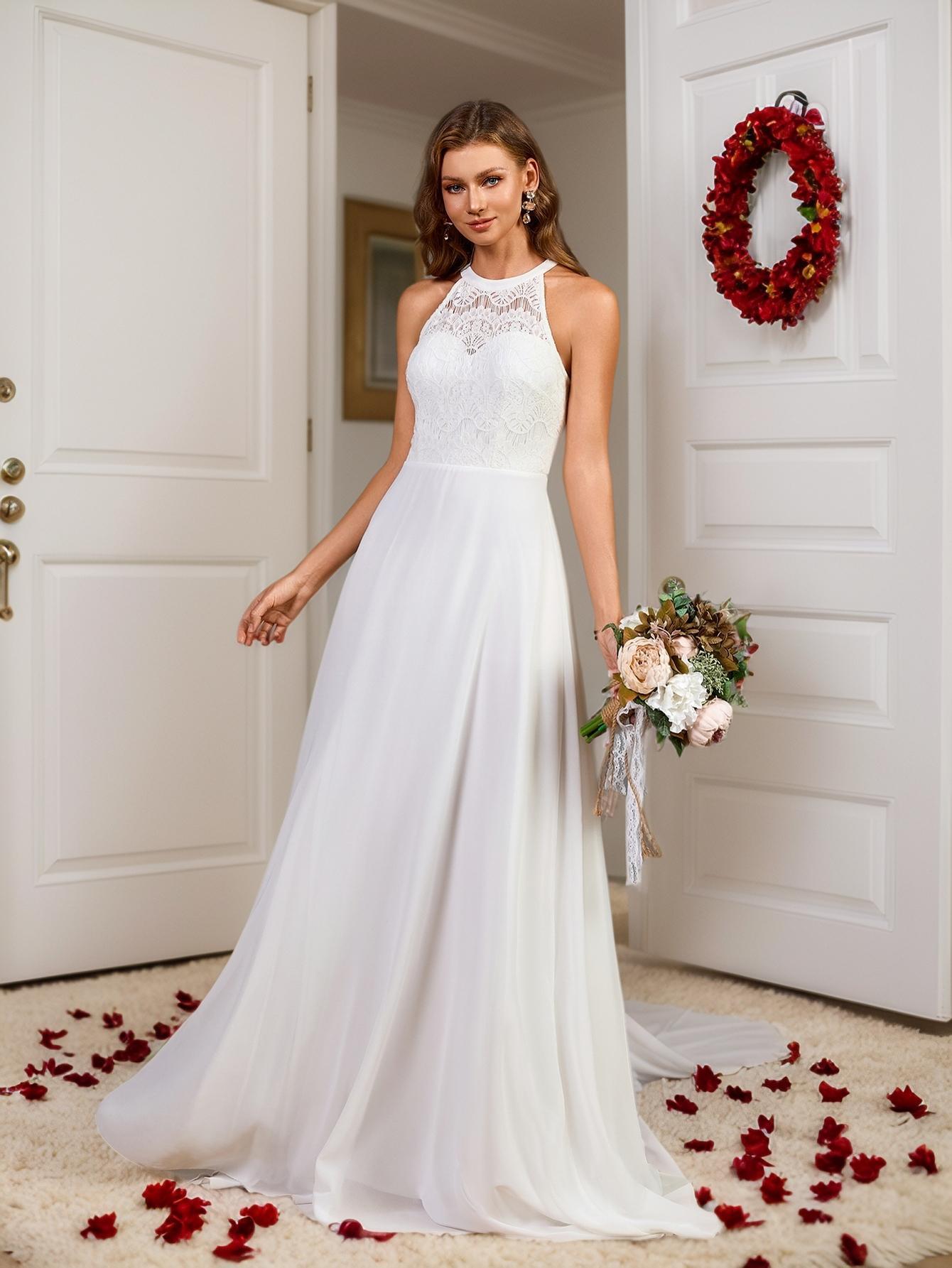 A-Line Dress with Halterneck and Lace Bodice