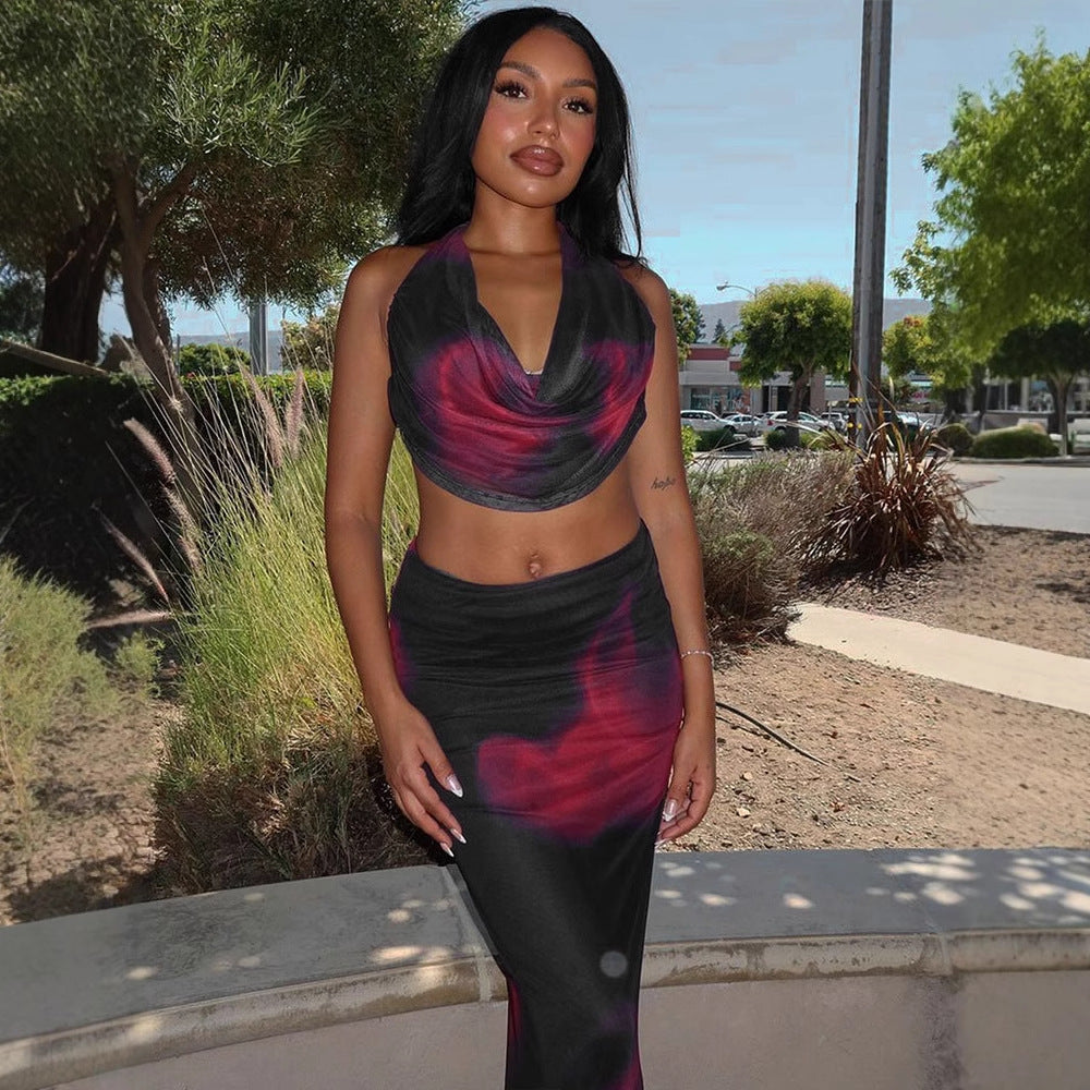Printed Mesh Halter Maxi Skirt Set with Cowl Neck