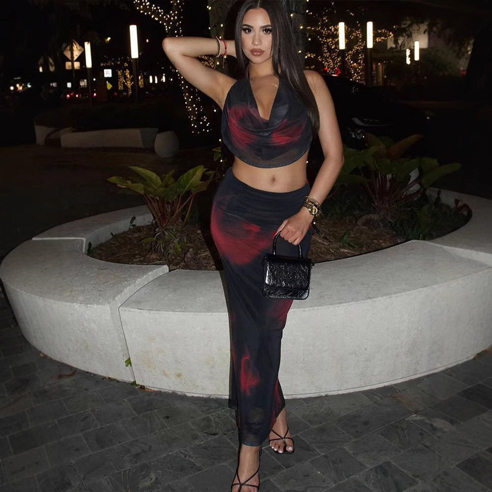 Printed Mesh Halter Maxi Skirt Set with Cowl Neck