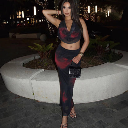Printed Mesh Halter Maxi Skirt Set with Cowl Neck