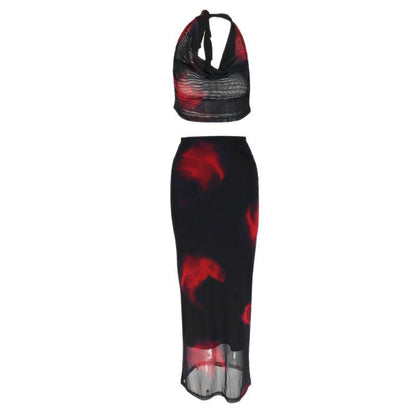 Printed Mesh Halter Maxi Skirt Set with Cowl Neck
