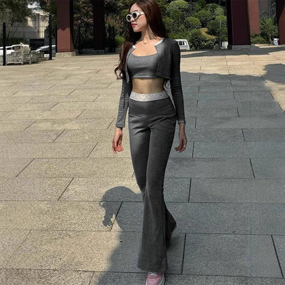 Slim-Fit Cropped Knit Pants Set with Long Sleeve and Lace Trim