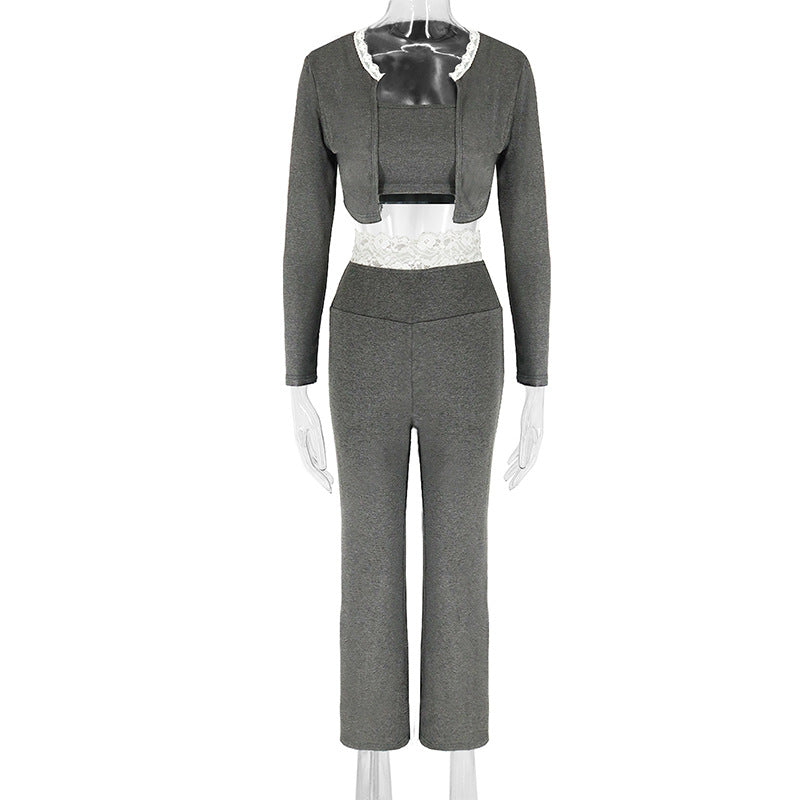 Slim-Fit Cropped Knit Pants Set with Long Sleeve and Lace Trim