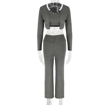 Slim-Fit Cropped Knit Pants Set with Long Sleeve and Lace Trim