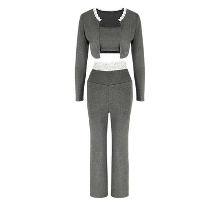 Slim-Fit Cropped Knit Pants Set with Long Sleeve and Lace Trim