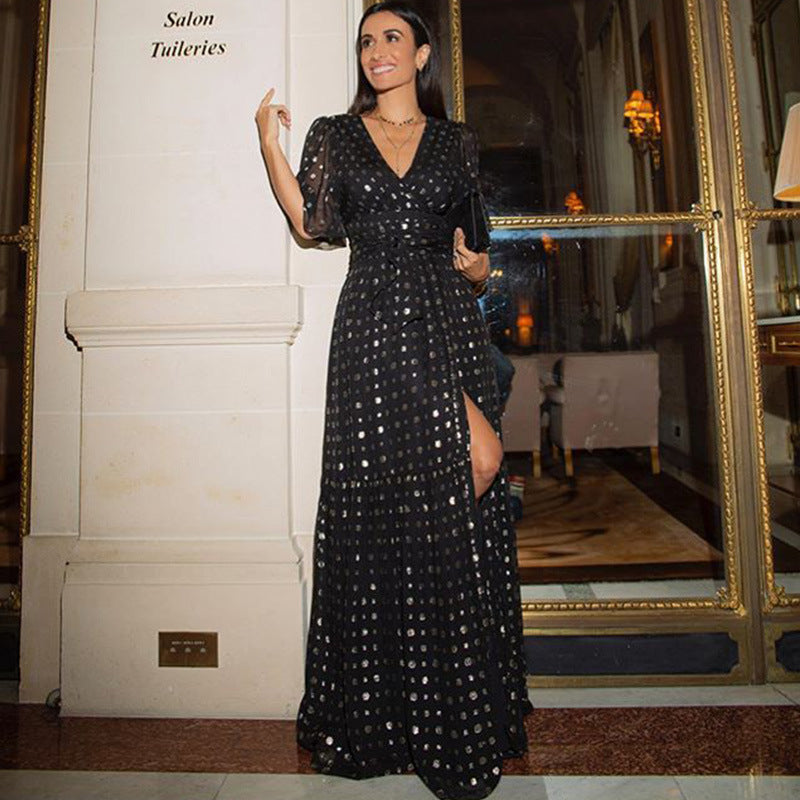 Metallic Dot Maxi Dress with Wrap V-Neck and Slit