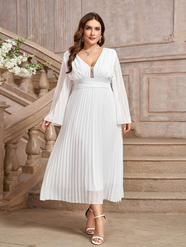 Pleated Chiffon Midi Dress with V-Neck and Bell Sleeves