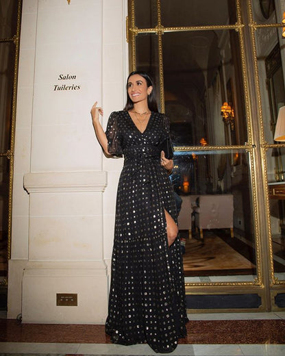Metallic Dot Maxi Dress with Wrap V-Neck and Slit