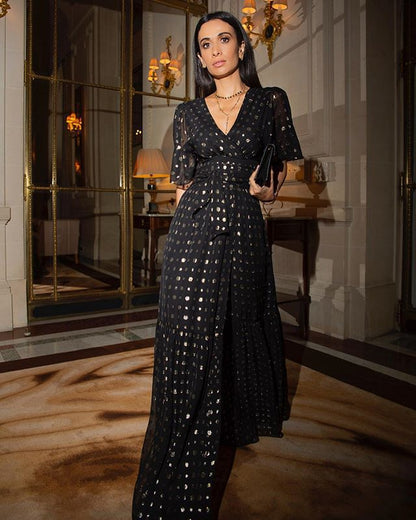 Metallic Dot Maxi Dress with Wrap V-Neck and Slit