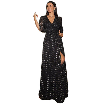 Metallic Dot Maxi Dress with Wrap V-Neck and Slit