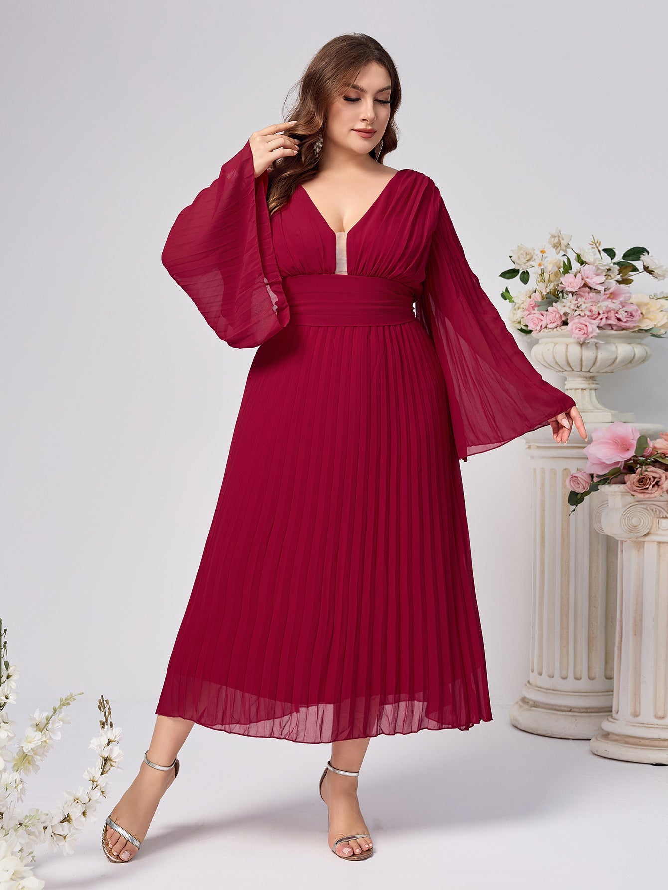 Pleated Chiffon Midi Dress with V-Neck and Bell Sleeves