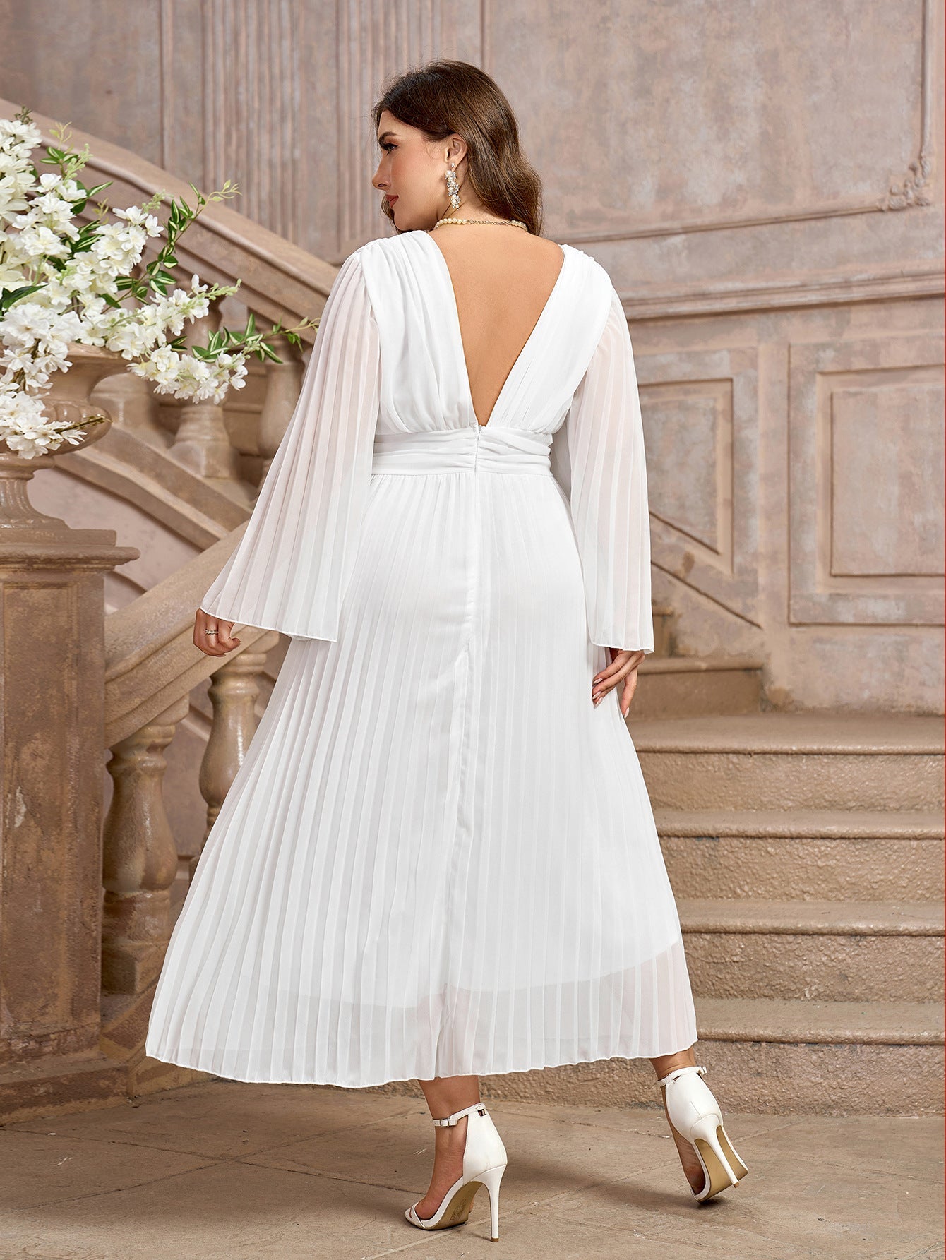 Pleated Chiffon Midi Dress with V-Neck and Bell Sleeves