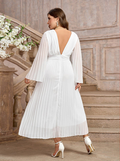 Pleated Chiffon Midi Dress with V-Neck and Bell Sleeves