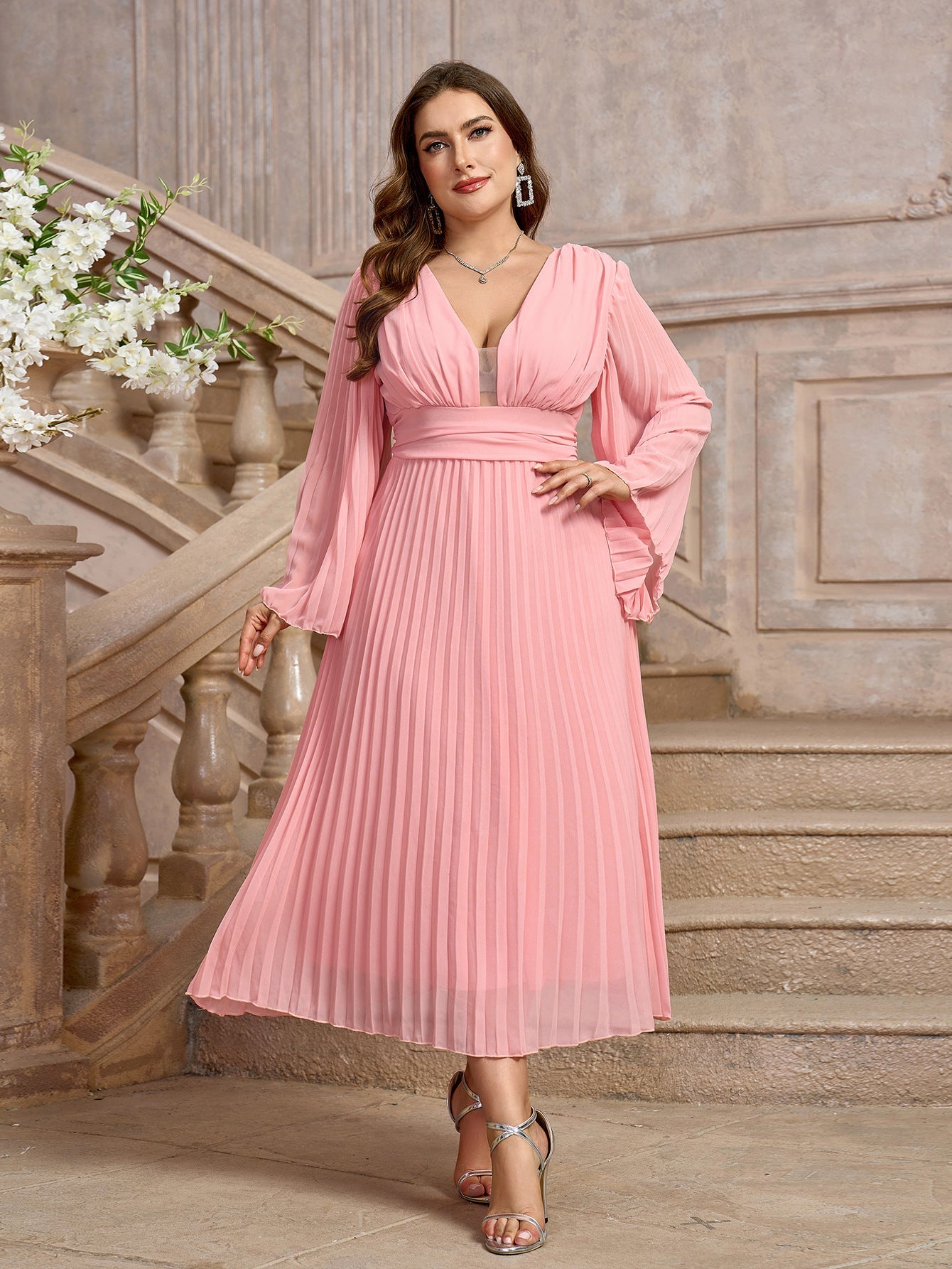 Pleated Chiffon Midi Dress with V-Neck and Bell Sleeves