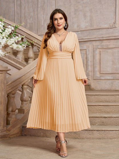 Pleated Chiffon Midi Dress with V-Neck and Bell Sleeves