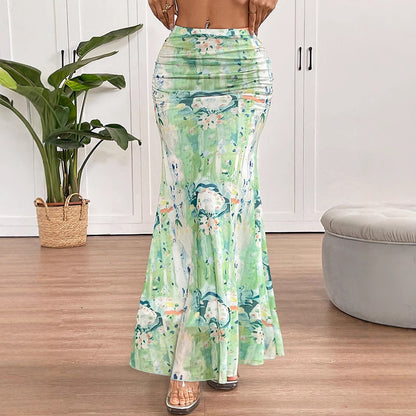 Abstract Floral Fishtail Maxi Skirt with Ruched Waist