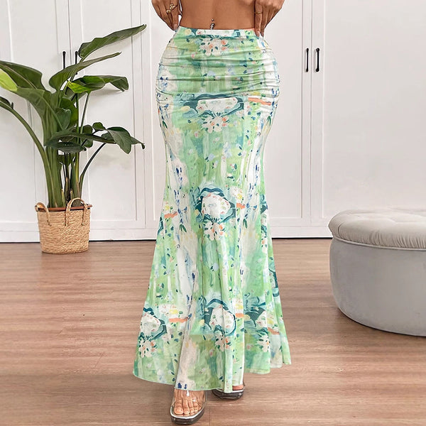 Abstract Floral Fishtail Maxi Skirt with Ruched Waist