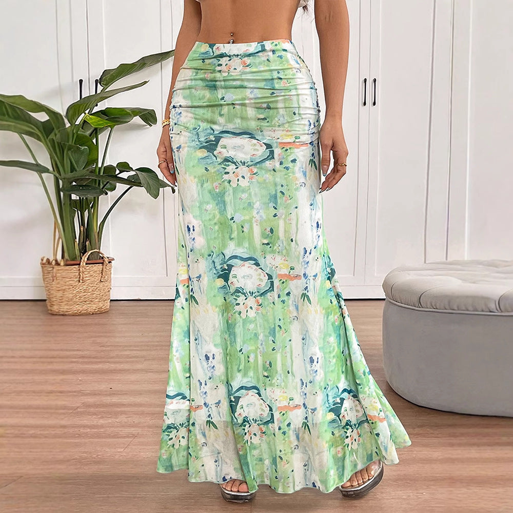 Abstract Floral Fishtail Maxi Skirt with Ruched Waist