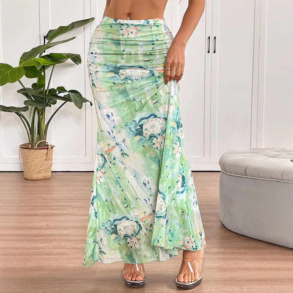 Abstract Floral Fishtail Maxi Skirt with Ruched Waist