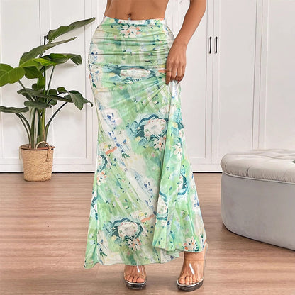 Abstract Floral Fishtail Maxi Skirt with Ruched Waist