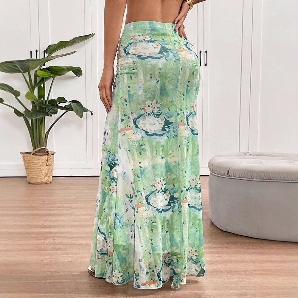 Abstract Floral Fishtail Maxi Skirt with Ruched Waist