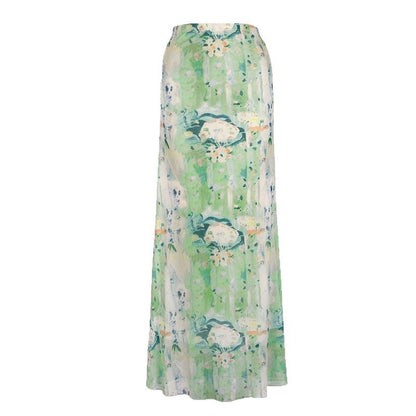 Abstract Floral Fishtail Maxi Skirt with Ruched Waist