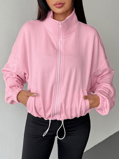 Oversized Zip-Up Jacket with Stand Collar and Drawstring Hem